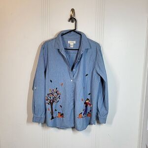 Bechamel Denim Embroidered Button Down Blouse